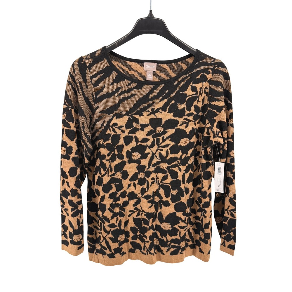 NEW Chico's Animal Floral Jacquard Womens 2 Pullover Brown Mixed Print Sweater